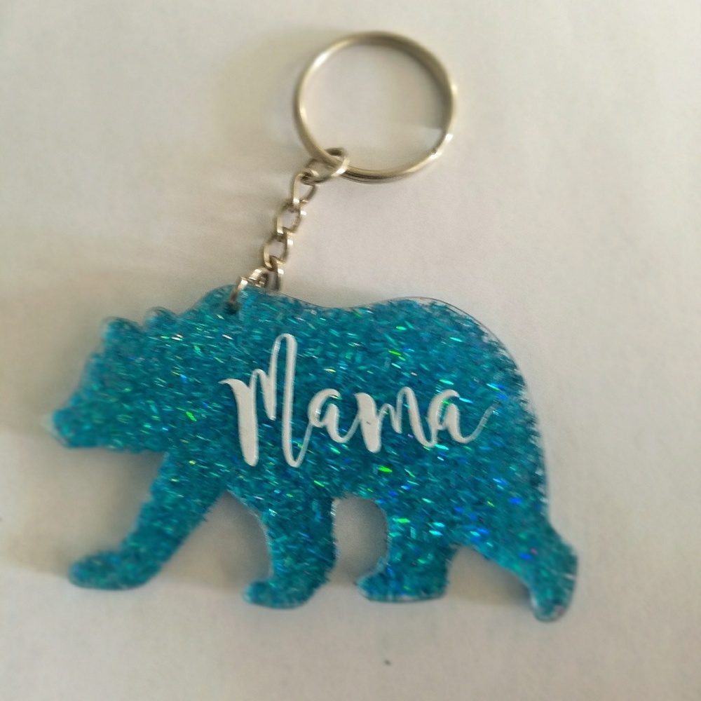 Mama Bear Blue Glitter Keychain